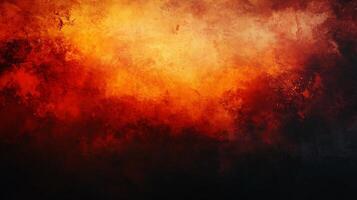 Painting of a fiery orange background with a black and white foreground. The painting is abstract and has a sense of chaos and destruction photo