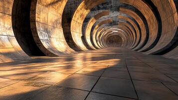 Long tunnel with a shiny, metallic surface. The tunnel is empty and he is a part of a larger structure photo