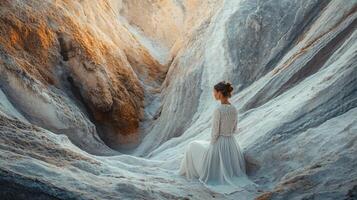 Woman is sitting in the snow, wearing a white dress. The scene is serene and peaceful, with the woman being the only person in the image. The snow-covered landscape creates a sense of isolation photo