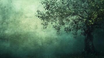 Tree is the main focus of this image, with a blurry background and a hazy atmosphere. The tree is surrounded by grass, and the overall mood of the image is serene and peaceful photo