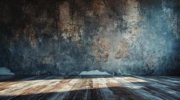 Large, empty room with a wall made of stone and wood. The room is bare and empty, with no furniture or decorations. The walls are covered in a rough, textured surface, giving the room a rustic photo