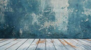 Blue wall with a wooden floor. The wall is covered in a textured paint that gives it a worn and weathered appearance. The wooden floor adds a rustic touch to the space, creating a cozy photo
