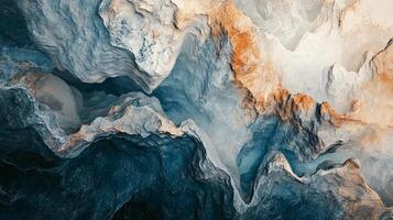 Painting of a mountain range with blue and white colors. The painting has a sense of depth and movement, with the mountains appearing to be in motion photo