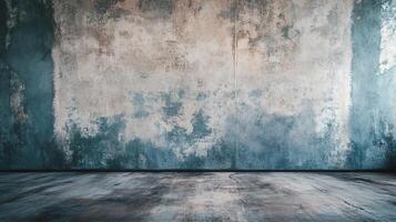 Large, empty room with a blue wall and a white ceiling. The room is bare and empty, with no furniture or decorations. The blue wall and white ceiling create a stark, minimalist atmosphere photo