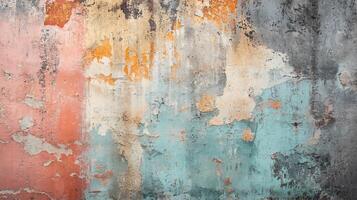 Wall with a colorful, textured background. The wall is made of concrete and has a lot of cracks and holes. The colors are bright and bold, giving the wall a unique and artistic appearance photo