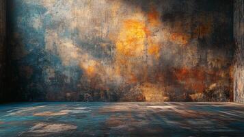 Large, empty room with a wall covered in paint splatters and a large orange sun in the background photo