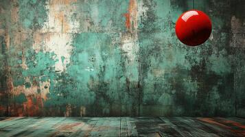 Red ball is sitting on a wall in a room with a green background. The ball is the only object in the room, and it is the focal point of the image. The room has a somewhat dark and moody atmosphere photo