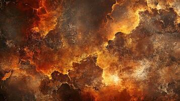 Painting of a fiery sky with clouds and a fire in the background. The painting has a sense of chaos and destruction, with the fire and clouds creating a sense of danger and destruction photo