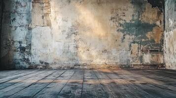 Large empty room with a wall that is covered in peeling paint. The room is bare and empty, with no furniture or decorations. The peeling paint on the wall gives the room a sense of decay photo