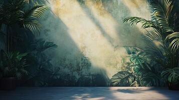 Wall with a green background and a bunch of plants on it. The plants are in pots and are arranged in a way that they look like they are growing out of the wall. The wall is made of concrete photo