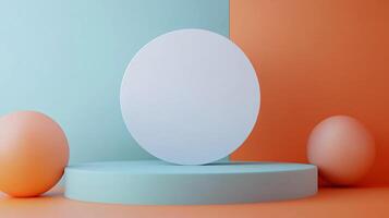 White sphere sits on a blue and orange platform. The platform is surrounded by two orange spheres. The scene is set in a room with a blue and orange color scheme photo