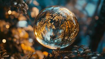 Glass sphere with a tree reflected in it. The sphere is surrounded by a tree branch and the reflection of the tree is in the sphere photo