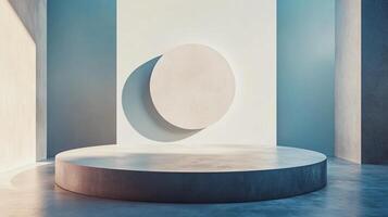 White circle is on a grey floor. The circle is in the center of the floor and is surrounded by a white wall. The floor is empty and the circle is the only object in the scene photo