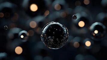 Black and white image of a black sphere surrounded by many other spheres. The image has a moody and mysterious feel to it, as the black sphere stands out against the dark background photo
