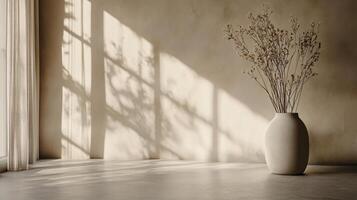 Vase with flowers sits on a table in a room with a window. The sunlight casts a shadow on the floor, creating a warm and inviting atmosphere photo