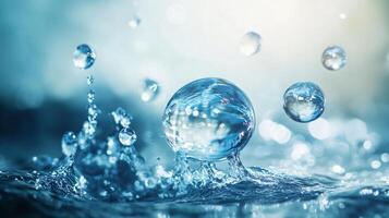 Splash of water with a clear, round ball in the middle. The water droplets are scattered around the ball, creating a sense of movement and energy. The image conveys a feeling of freshness photo