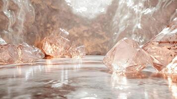 Room with ice cubes and rocks. The ice cubes are melting and the rocks are scattered around. Scene is cold and desolate photo