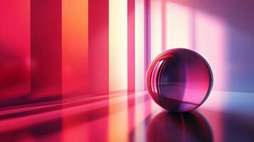 Large, colorful, and shiny ball is sitting on a shiny, reflective surface. The ball is surrounded by a colorful, reflective wall, which creates a sense of depth and dimension. The scene is bright photo