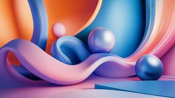 Colorful abstract painting with a blue and pink swirl and three silver spheres. The spheres are placed in different positions, with one in the middle of the painting. The painting has a dreamy photo