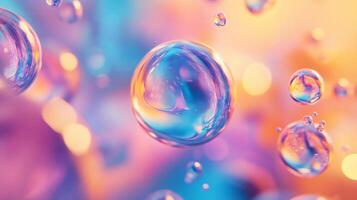Colorful image of many small bubbles floating in the air. The bubbles are of different sizes and colors, creating a vibrant and lively atmosphere. Concept of joy and playfulness photo