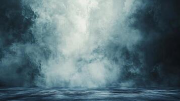 Blurry image of a stormy ocean with a misty, hazy sky. Scene is dark and ominous, with the stormy weather and the foggy atmosphere creating a sense of unease and danger photo