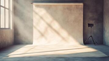 Studio with a white backdrop and a camera on a tripod. Scene is calm and focused photo
