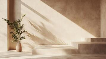 Room with a plant in a vase and a wall with a shadow on it. The room is empty and has a minimalist feel photo