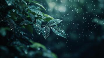 Leaf is covered in raindrops, creating a serene and peaceful atmosphere. The raindrops on the leaf reflect the light, making the image look dreamy and calming photo