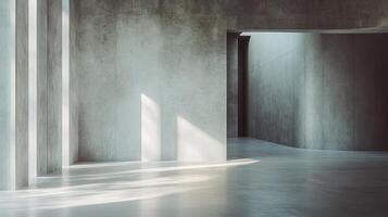 Large, empty room with a doorway in the middle. The room is mostly white with a few grey accents. The sunlight is shining through the doorway, creating a warm and inviting atmosphere photo
