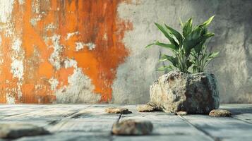 Small plant is sitting on a rock in front of a wall. The plant is surrounded by a few rocks, and the wall is covered in orange paint. The scene has a somewhat desolate and abandoned feel to it photo