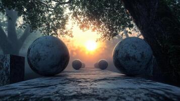 Series of four large spheres are placed on a path in front of a tree. The spheres are surrounded by a snowy landscape, and the sun is setting in the background photo
