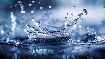 Splash of water is captured in a photo, with the water droplets reflecting the light and creating a sense of movement and energy. The image conveys a feeling of freshness and vitality photo