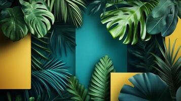 Green and yellow background with a lot of leaves and a few squares. The background is a combination of green and yellow, which creates a vibrant and lively atmosphere photo