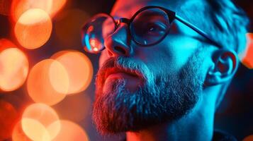 Man with glasses and a beard is looking at the camera. The image has a bright and colorful background, which gives it a lively and energetic feel. The man's facial expression photo