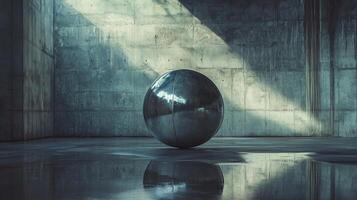 Silver ball is sitting in a wet, grey room. The ball is reflecting the light from the sun, creating a sense of calm and serenity photo