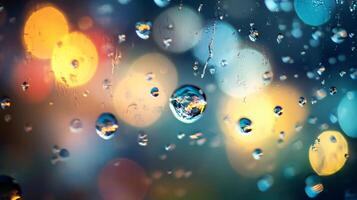 Blurry image of raindrops on a window. The raindrops are in different sizes and colors, creating a sense of movement and energy. Scene is one of excitement and wonder photo