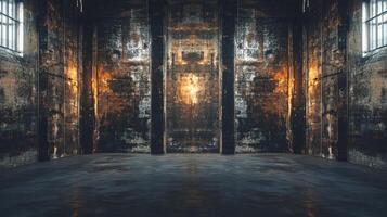 Large, empty room with a lot of light shining through the windows. The room is very dark and empty, with no furniture or people visible. Scene is eerie and unsettling, as the emptiness photo