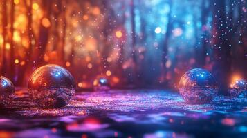 Colorful scene with a blue and red background and a few shiny balls. The balls are scattered around the scene, and the background is filled with bright colors. Scene is lively and energetic photo