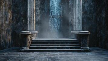 Stone building with a stone staircase leading up to a doorway. The doorway is closed and the staircase is empty photo