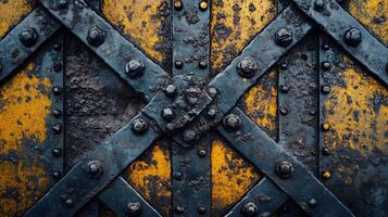 The image is of a rusted metal structure with yellow paint on it. The structure is made up of many small metal pieces that are connected together. Scene is one of decay and neglect photo