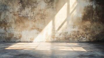 Large, empty room with a window that lets in sunlight. The room is bare and empty, with no furniture or decorations. The sunlight shining through the window creates a warm, inviting atmosphere photo