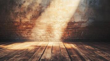 Brick wall with a wooden floor and a sunbeam shining through the window. The room is empty and the light is coming in from the window photo