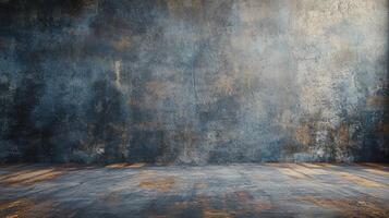 Large, empty room with a wall that is covered in a textured, rough surface. The room is bare and unadorned, with no furniture or decorations. The wall is painted a dark blue color photo