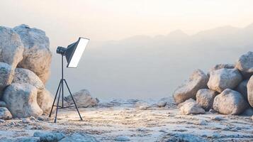 Camera is set up in front of a rocky mountain range. The camera is on a tripod and the light is on. The scene is desolate and barren, with no signs of life photo