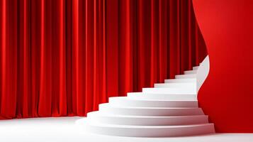 Red curtain with white stairs in front of it. The curtain is hanging in front of the stairs, and the stairs are leading up to a higher level photo