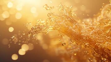Splash of gold liquid with bubbles and a blurry background. Concept of movement and energy, as if the liquid is in motion. The gold color adds a sense of luxury and opulence to the scene photo