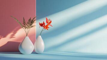 Two white vases with red flowers in them sit on a blue wall. The vases are placed next to each other, creating a sense of balance and harmony. The red flowers add a pop of color to the scene photo