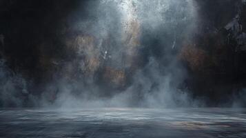 Dark room with a lot of smoke and a large empty space. Scene is eerie and mysterious photo