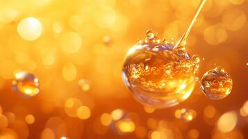 Close up of a yellow liquid with bubbles in it. The bubbles are small and scattered throughout the liquid, creating a sense of movement and liveliness photo