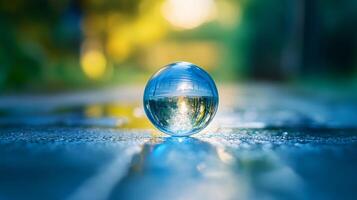 Clear ball of water sits on a wet surface. The water is reflecting the surrounding environment, creating a sense of depth and movement. The image evokes a feeling of tranquility and calmness photo